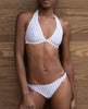 ISKKA Gabrielle white with navy pin stripe halter. Classic bikini halter reversible swimwear.  